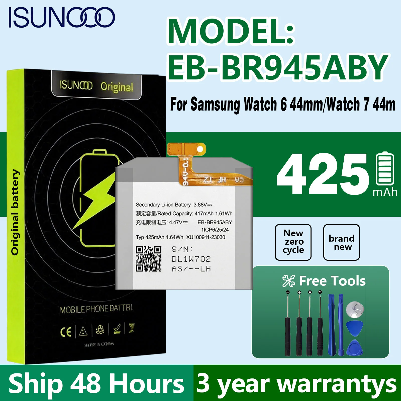 100%  425mAh New EB-BR945ABY Battery For Samsung Watch 6 44mm/Watch 7 44mm Replacement Bateria+Free Tools
