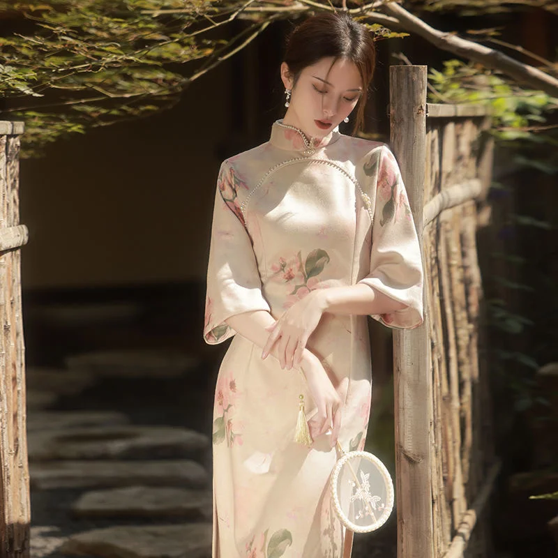 

High-end Improved And Elegant Cheongsam 2024 New Suede Young Women's Autumn Temperament Long Dresses Chinese-traditional-dress