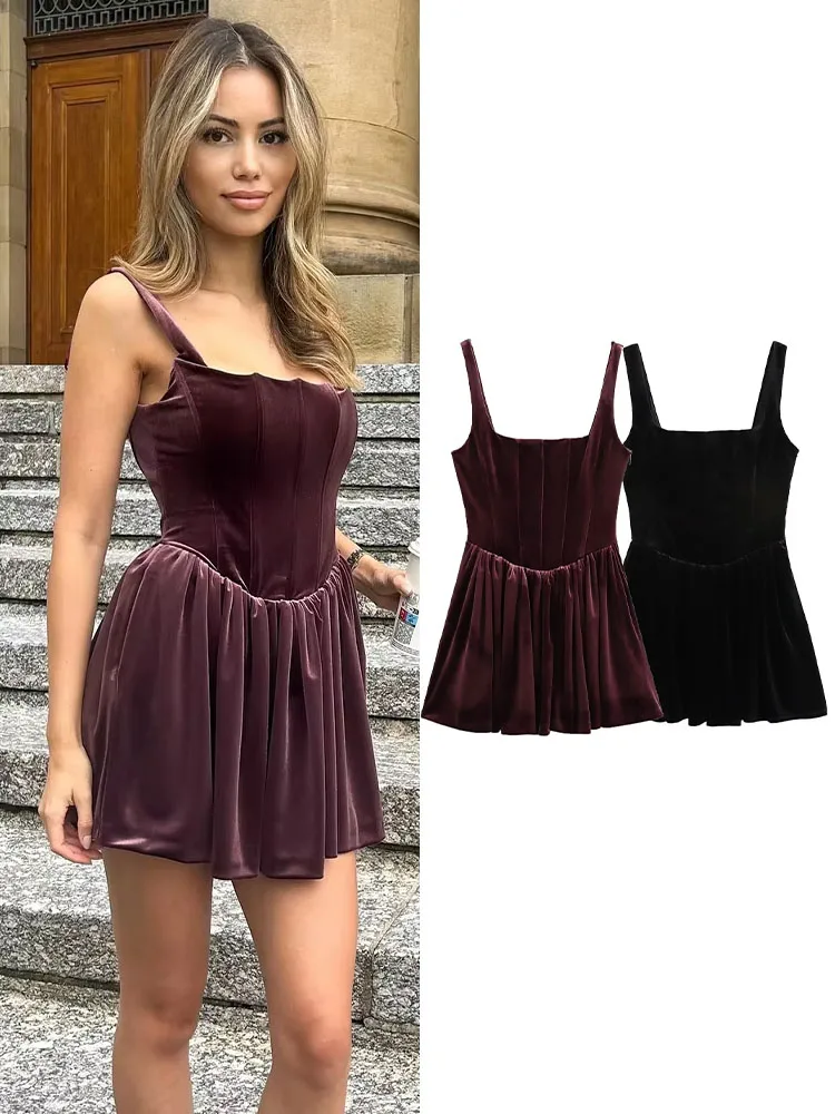 

TRAFZA Women's Early Spring New Fashion Velvet Corset Style Suspender Short Dress Female Elegant Burgundy Slim Waist Mini Dress