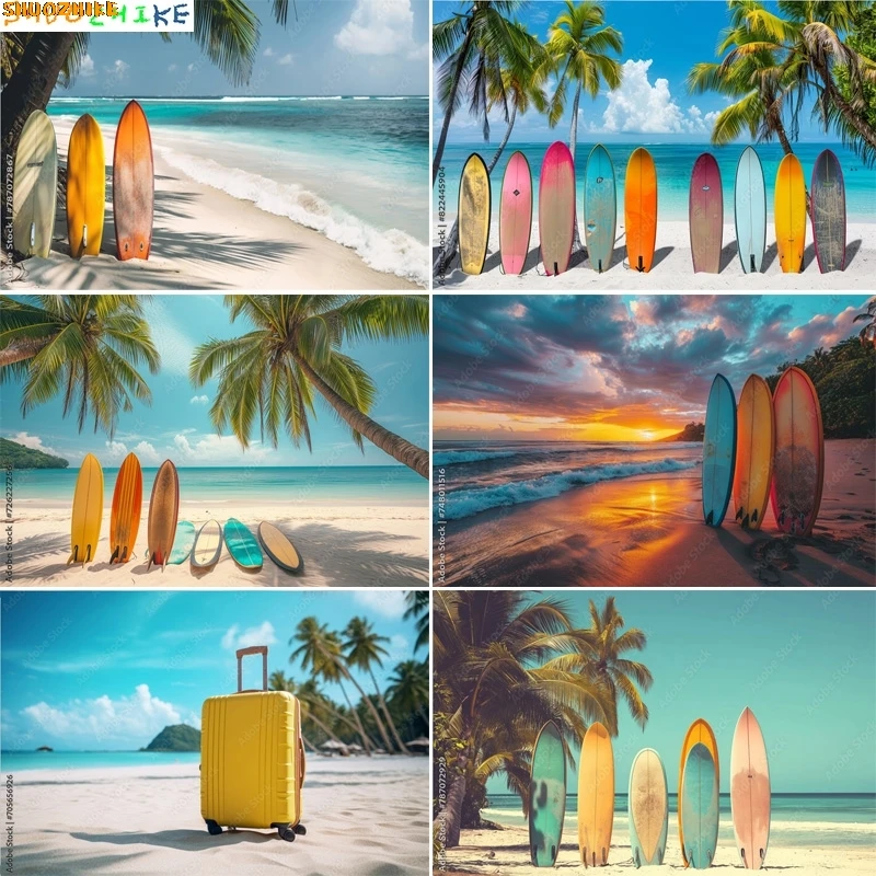 

Colorful Surfboard Palm Trees White Sand Blue Water Summer Beautiful Tropical Beach And Sea Landscape Photo Background FN-02