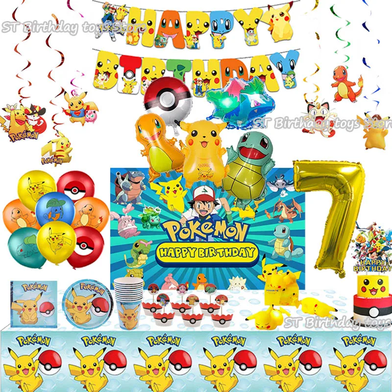 Pokemon Latex Foil Balloon para crianças, Pikachu Night Light, Decoração de festa de aniversário infantil, Talheres descartáveis, presentes