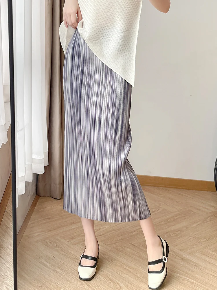 

Casual Pleated Skirt Loose Fit Straight Gradient Color Slimming Elegant Style Polyester Fiber Low Waist mid Length H Type