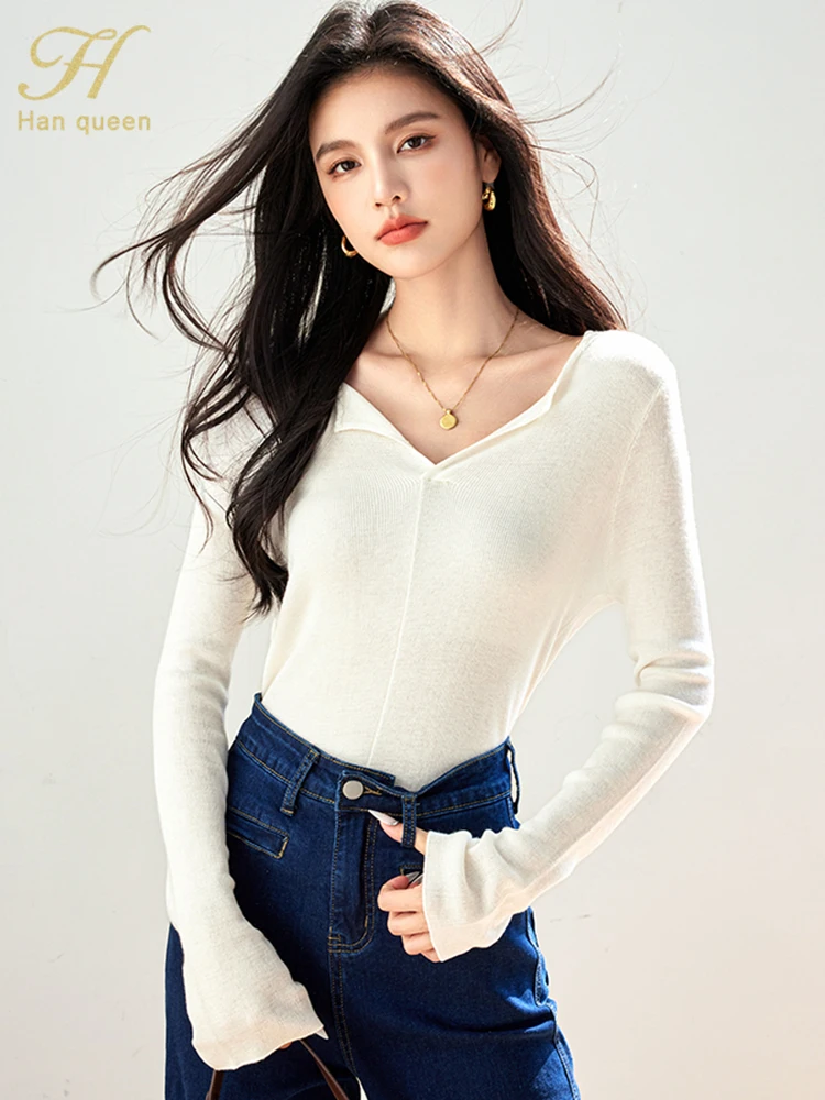 

H Han Queen Autumn Simple Series Pullovers Sweaters Winter Women's Sweater Korean Loose V-Neck Bottoming Casual Long Sleeve Top