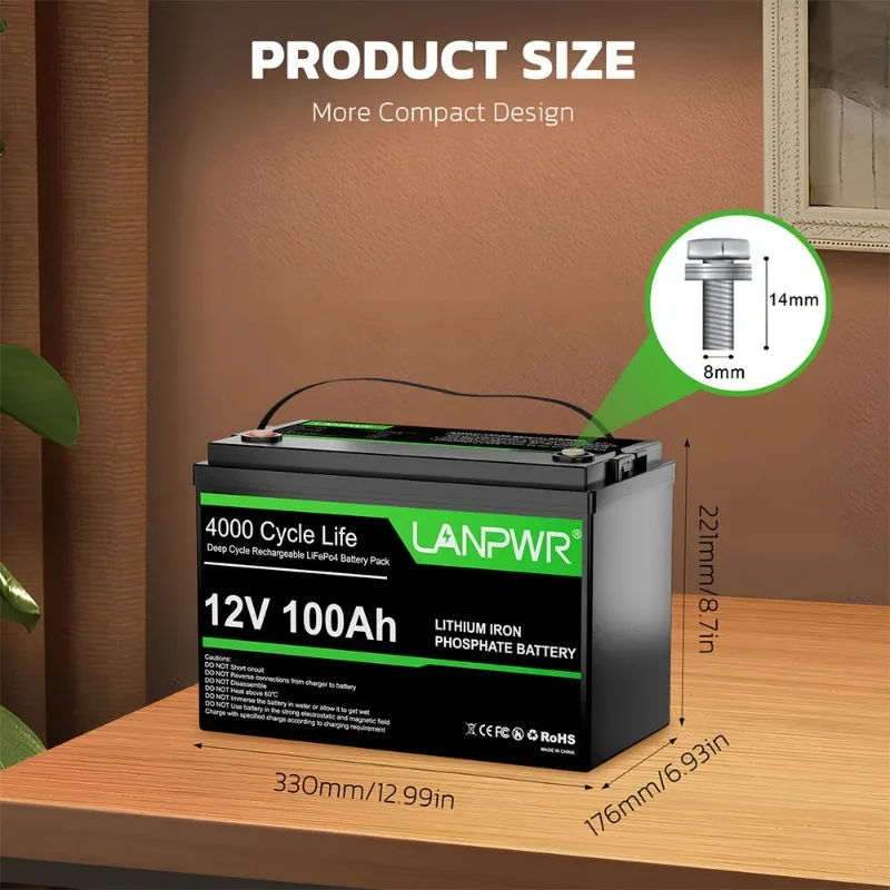 LANPWR 12V100AH بطارية تخزين الطاقة مع وظيفة بلوتوث IP65 مقاوم للماء LiFePO4 بطارية السيارة مناسبة بطارية احتياطية المنزل