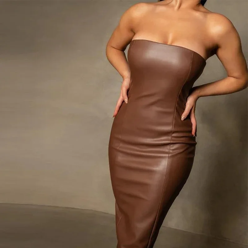 

Sexy Women Faux Leather Strapless Midi Skirt Matte Brown Rear Fork Lnvisible Zip Pencil Skirt Slim Summer Streetwear New Custom