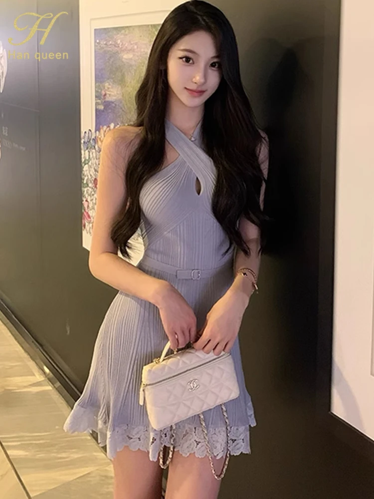 Elasticity Office Casual Party Pencil Sheath Dress Women's Simple Lace Splicing Cross Bodycon Knitted Dresses