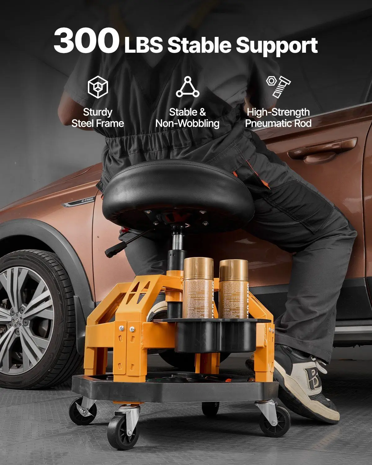 300파운드(약 136kg) 중량급 이동식 작업용 스툴, 높이 조절 및 잠금 바퀴 포함, 차고용 스툴, 이중 수납 트레이 및 캔 홀더