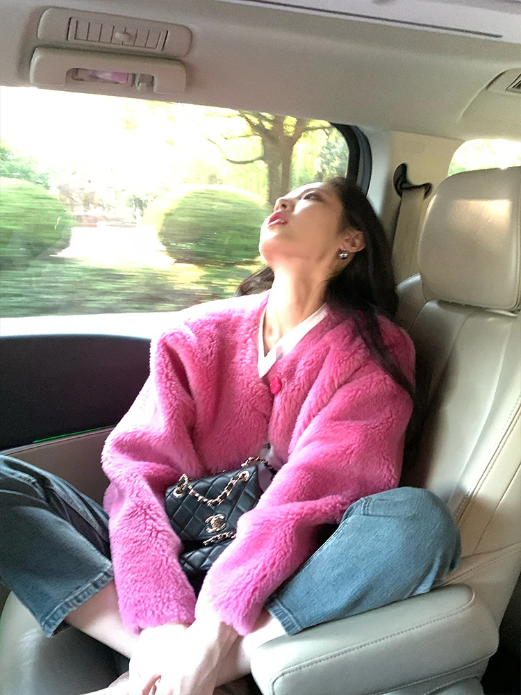 

Aisui And More Rose Red Particle Woolen Fur Jaet Women's ort Top Coat Autumn Winter Long Sve Regular Length Clothes