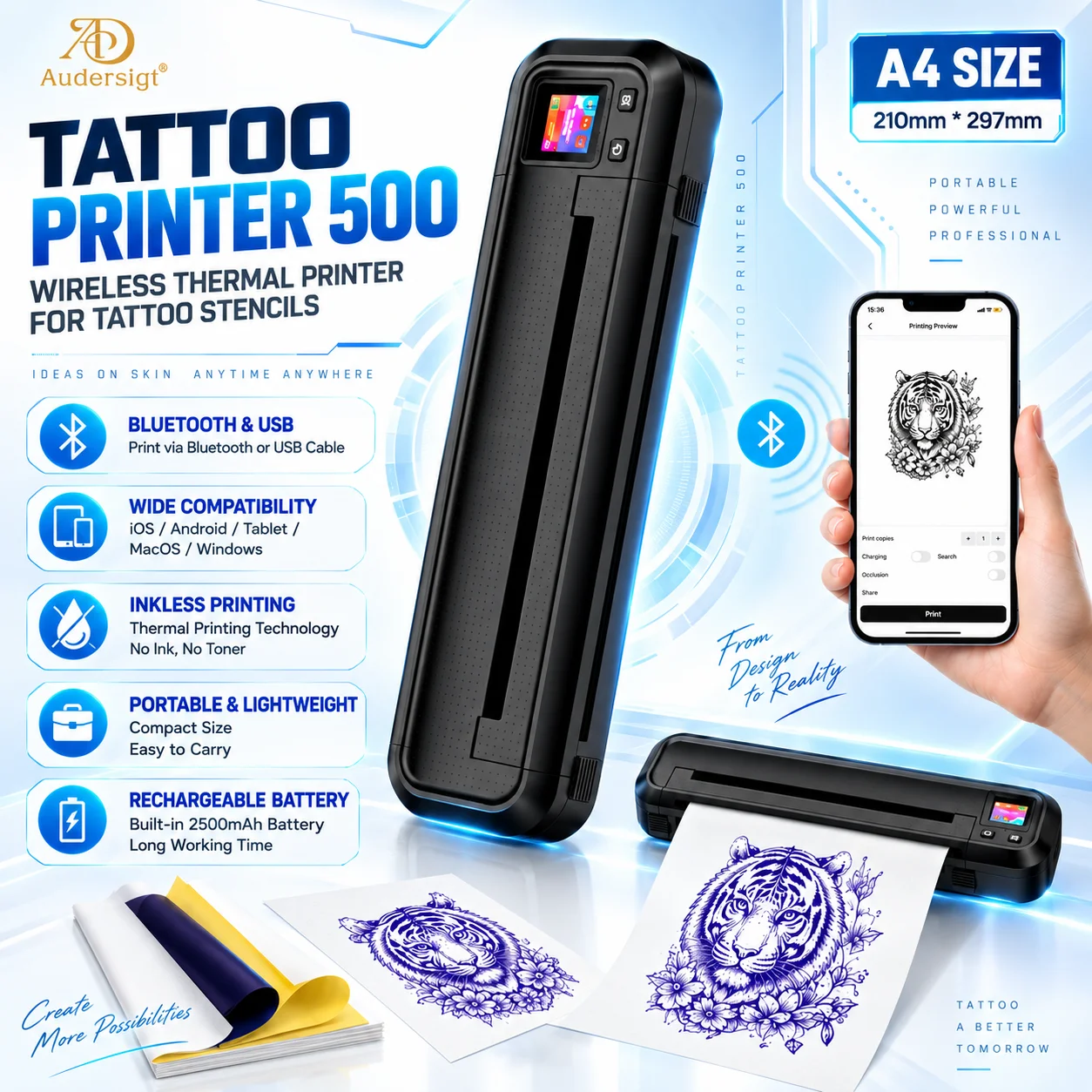 Audersigt Tattoo Stencil Printer with LCD Screen Temporary Bluetooth Tattoo Transfer Machine Inkless A4 Thermal Printer