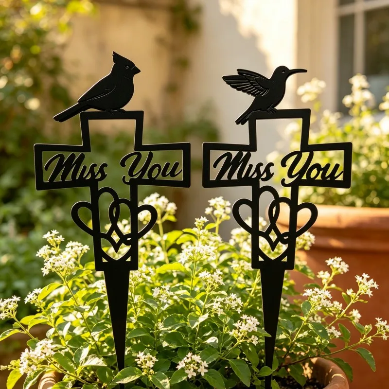 Memorial Cross Stake Garden Decoration Miss You Cemetery Plaque Cardinal Hummingbird Grave Marker Courtyard Ornament