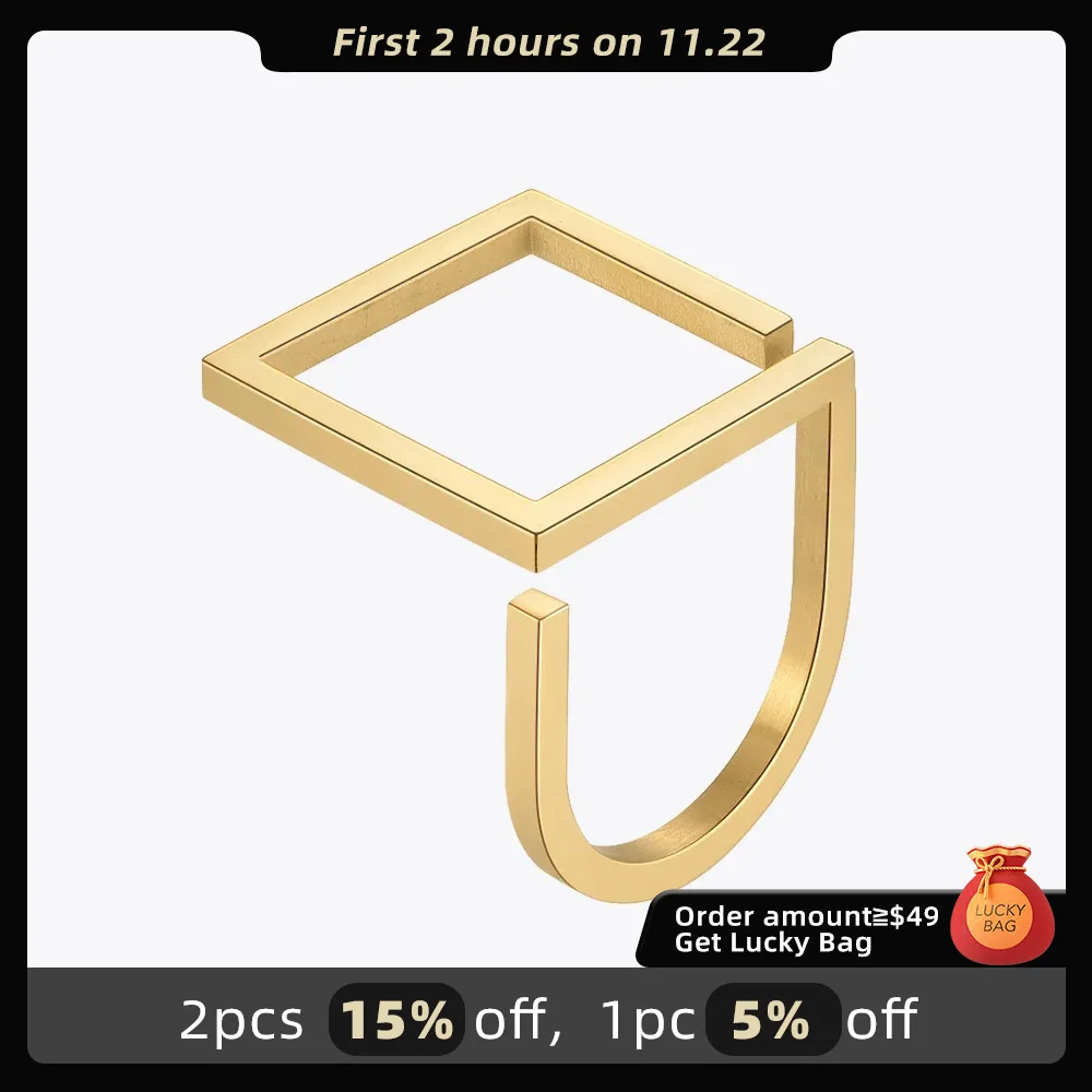 ENFASHION U-shaped Square Ring For Women Stainless Steel Gold Color Rings Fit to New Year Birthday Gift Fashion Jewelry R224175