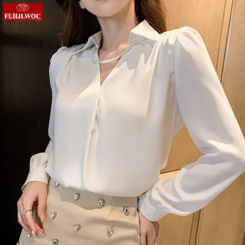 Trabalho commuter v pescoço topos blusas 2025 outono mulher estilo francês senhora do escritório chique coreia bling frisado sólido branco básico camisas