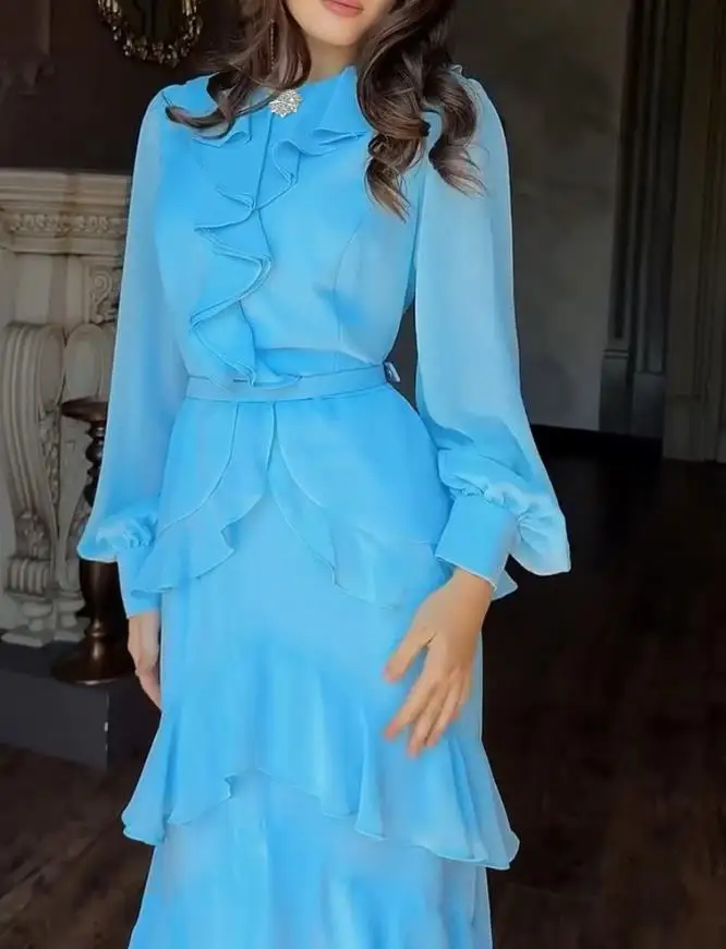 Vestidos femininos strass botão decoração em torno do pescoço lanterna manga maxi vestido com zíper volta em camadas plissado hem chiffon vestido de noite