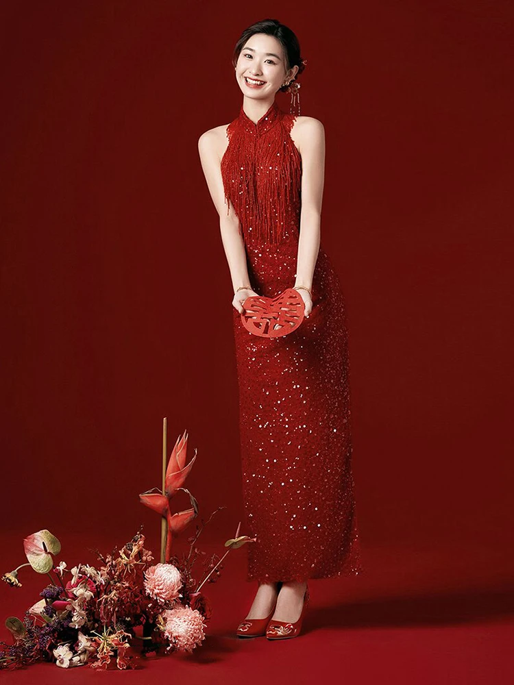 

Red Evening Gown Wedding Dr with Sequins Fi Tail for Bride Engagement Par Chinese Sle High Waist Zipper Ele Long...