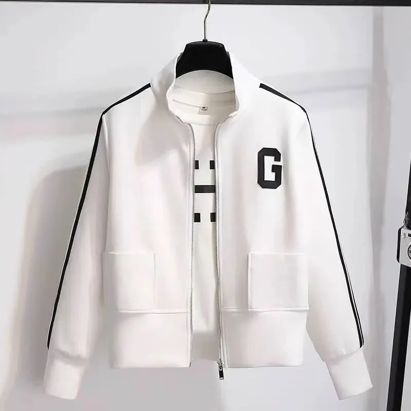 2023 Early Spring Autumn New Fashion White Stand Collar Baseball Clothes Women's Coat Cardigan Loose Short Casual Sports Jacket