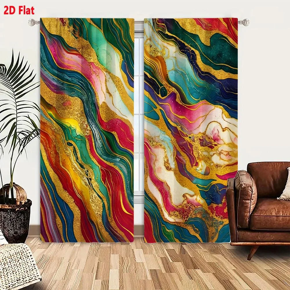 2Pcs Curtains Vibrant Abstract Fluid Art Print Featuring Deep Blues Teal Magenta And Gold Swirling Patterns Window Drapes for Be