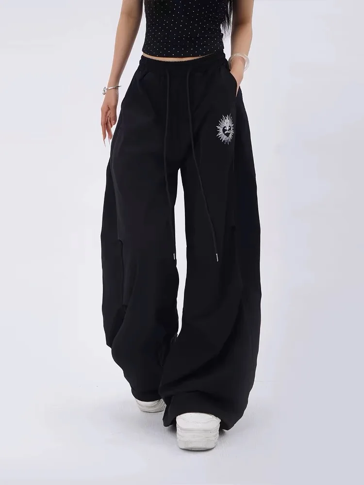 HOUZHOU Y2k Graphic Women Parachute Pants Pink Harajuku Hip Hop Style Oversized Trousers Pleated Wide Leg Pants Black Streetwear