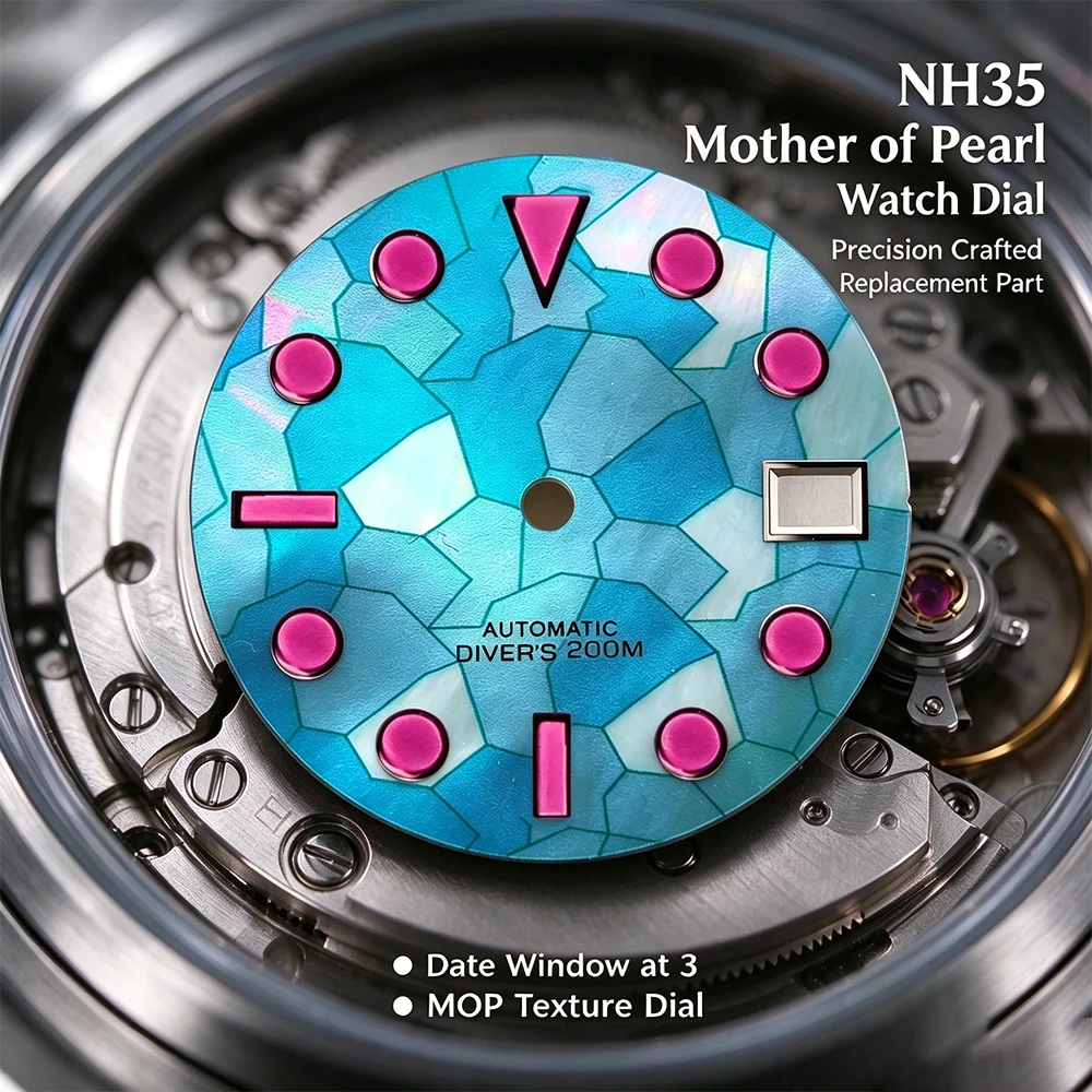 28.5mm Mother of pearl dial suitable for NH35 NH36 automatic movement 3date window pink index watch customized replacement dial