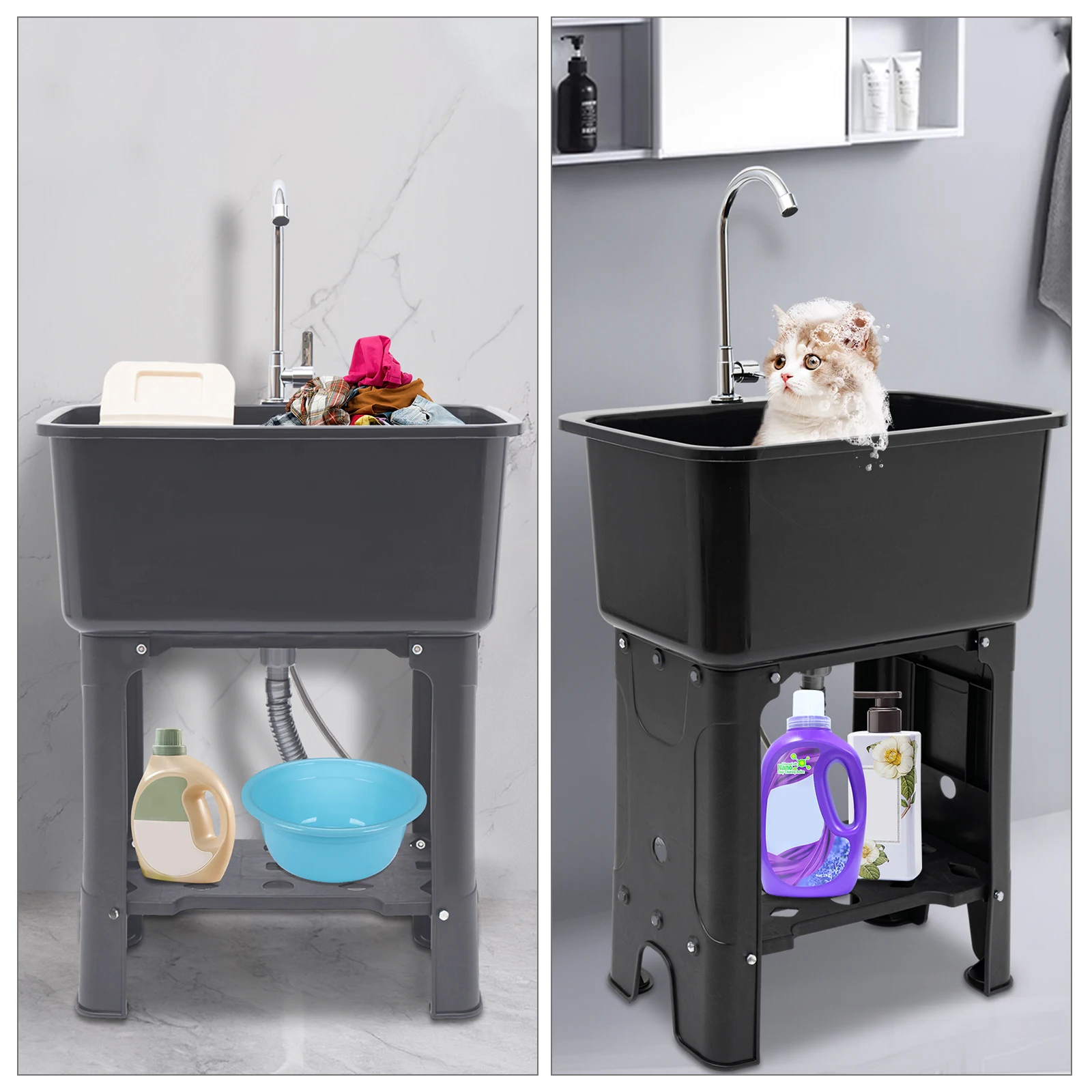 

Freestanding Utility Sink with 360° Faucet & Storage Shelf, 50LB Capacity All-in-One Laundry & Pet Washing Station