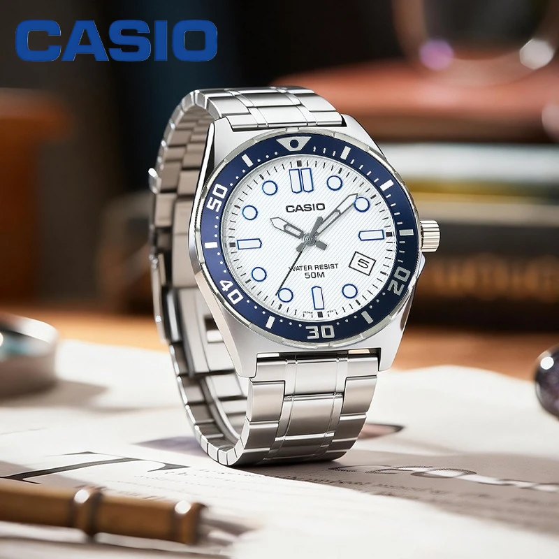 Casio MTD-135D Series Men Analog Quartz Wristwatch 4 Colors Diver Style Stainless Steel Band 50M Waterproof Luminous Date Watch