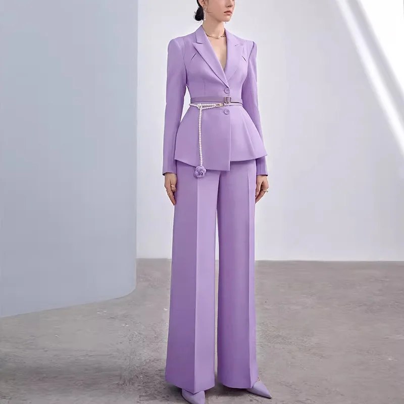 패션 여성 우아한 투피스 세트 노치드 싱글 브레스티드 긴팔 진주 벨트 코트 팬츠 세트 오피스룩 여성 의류 특가 판매