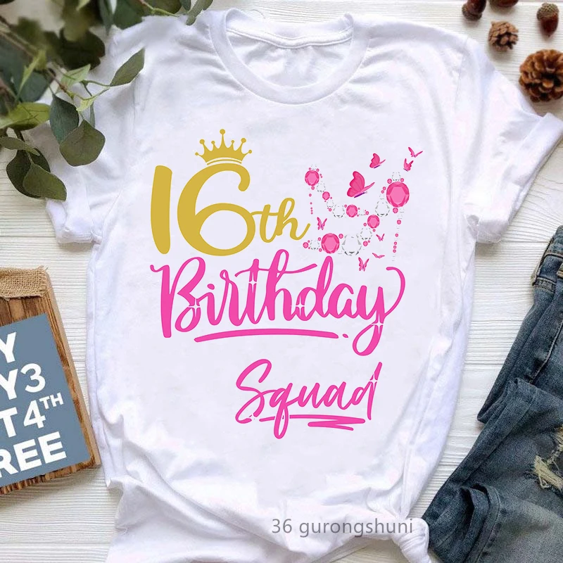 

16th Birthday Squad Letter Print Tshirt Girls Pink Butterful Birds T Shirt Femme Summer Short Sleeve Birthday Gift T-Shirt