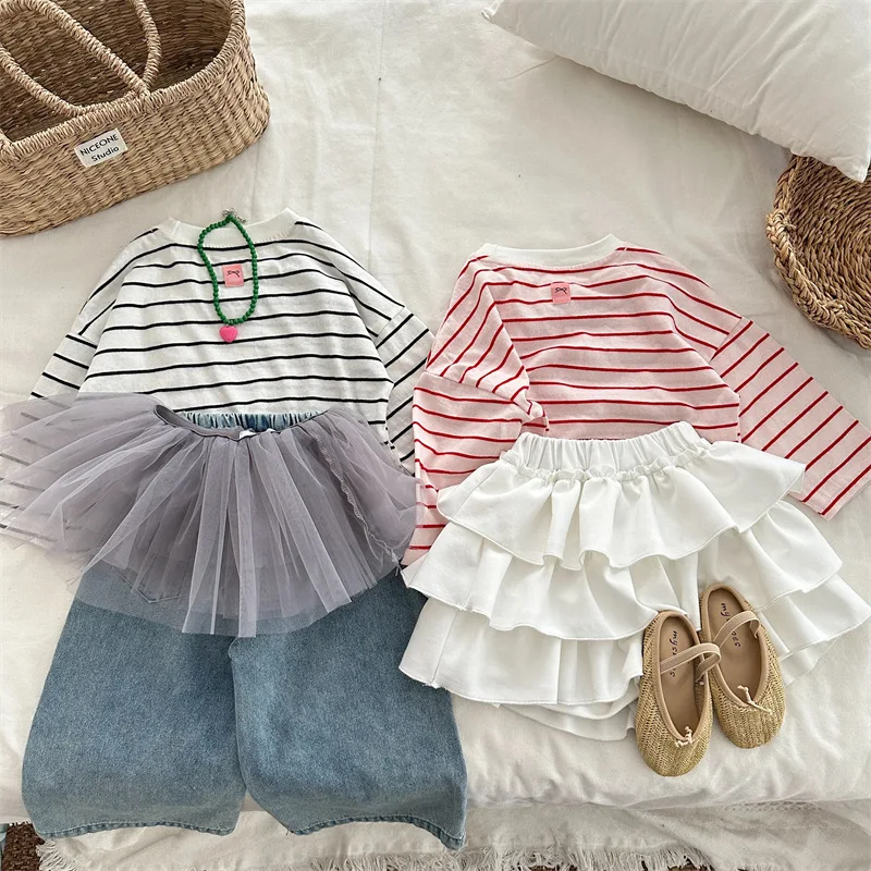 Children's Solid Color Straight Tube Retro Pants for Spring Summer Autumn Girls' Korean Version Bow Embroidered Jeans