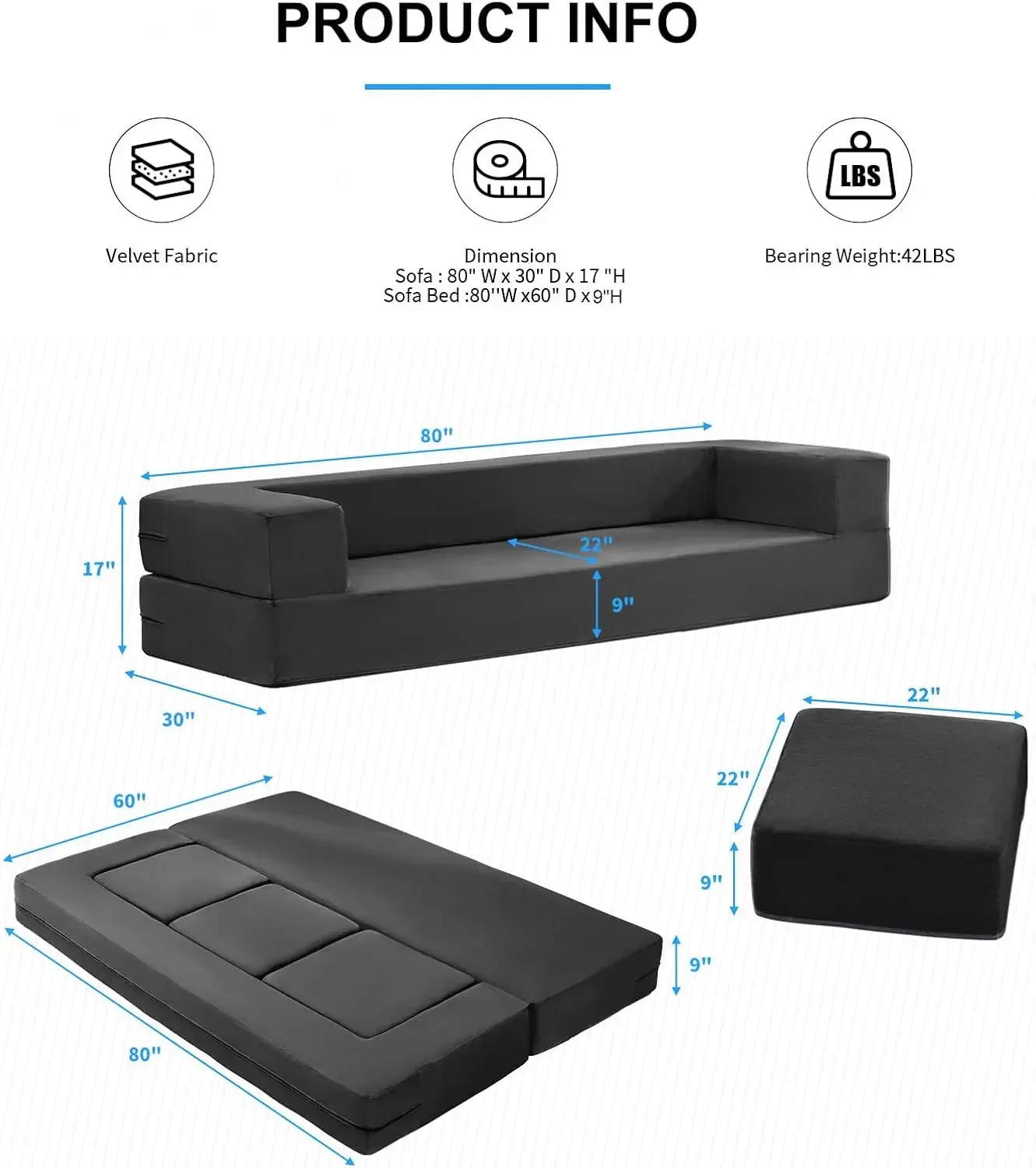 10 Inch Folding Sofa Bed, Velvet Convertible Floor Sleeper Sofa with 3 Ottomans, Upholstered 2-in-1 Fold Out Couch Bed