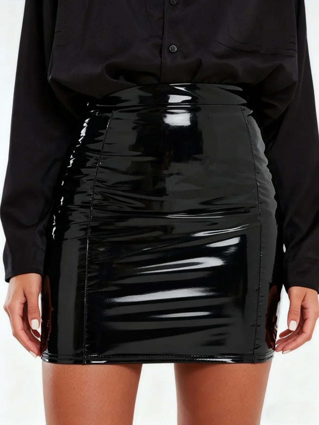 Damen Glänzender Schwarzer PVC-Lackleder High-Waist Bodycon Minirock Slim Fit Clubwear Nachtclub Party Bestseller Sexy Mode Neu – Detail 4