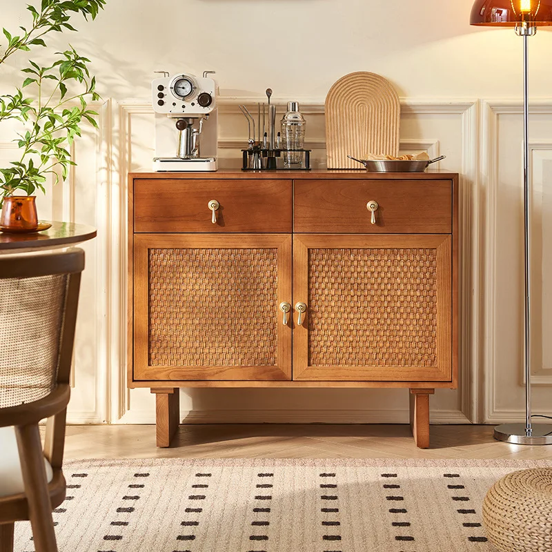 Solid wood rattan dining side cabinet living room retro ash wood homestay double door locker with drawers