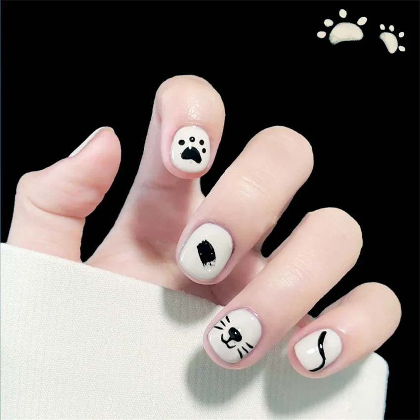 

24Pcs/Set Cute Cat Paw Print Design Wearing False Nails Full Coverage Acrylic Press on Nail Art Short Removable Fake Nails Tips