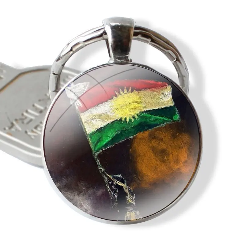 Gantungan kunci buatan tangan, gantungan kunci Cabochon kaca, gantungan kunci liontin, rantai kunci, bendera kurdistan