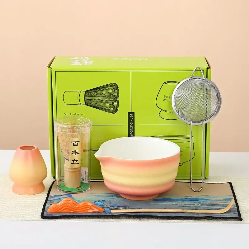 7PCS Gradient Matcha Blender Set Bamboo Tea Brush Teaspoon Ceramic Tea Bowl Stand Chasen Tea Tool Kitchen Teaware