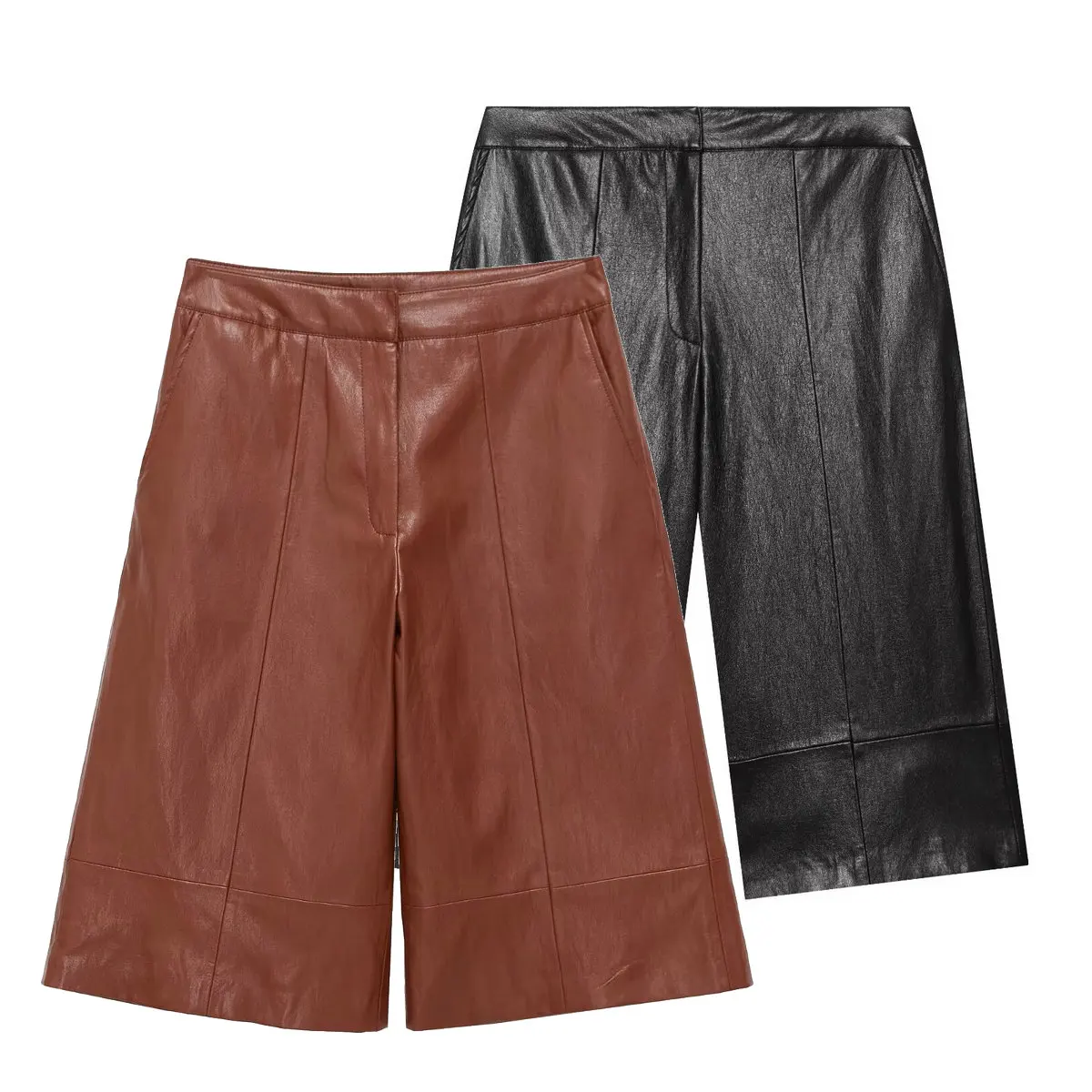 2026 New Autumn Women‘s Vintage Straight Brick Red PU Short Trousers Female Casual Elegant Knee Length Faux Leather Street Pants