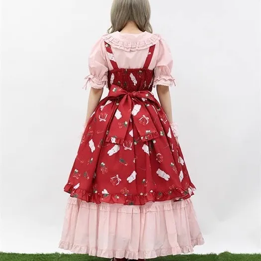 Robe japonaise élégante rétro polyvalente Lolita, sans manches, taille haute, à lacets, imprimé nœud, simple boutonnage, robe mi-longue JSK pour femmes