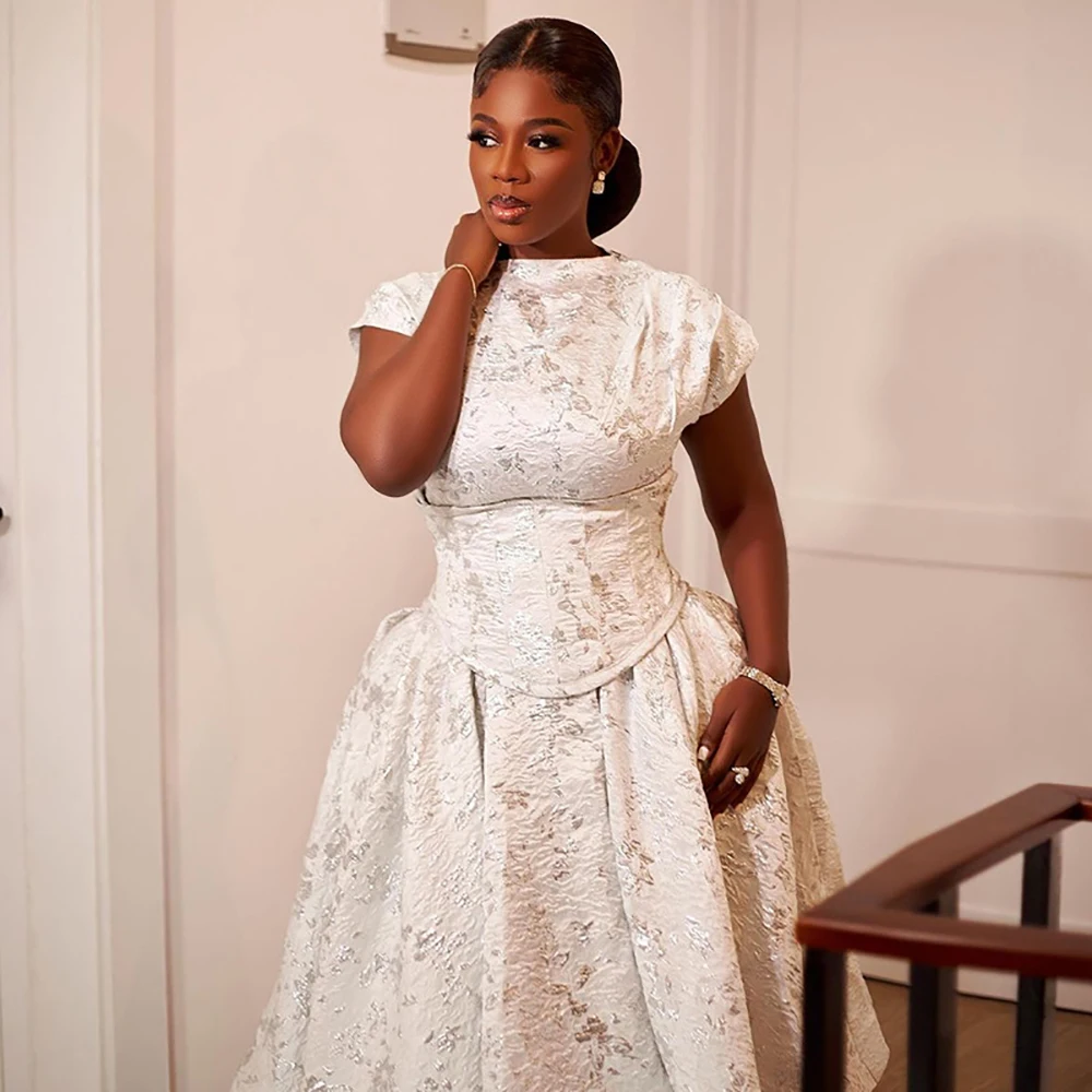 Abito da sposa elegante stampato increspato da donna a vita alta girocollo senza maniche a-line con lacci abiti da ballo da sera alla moda femminile