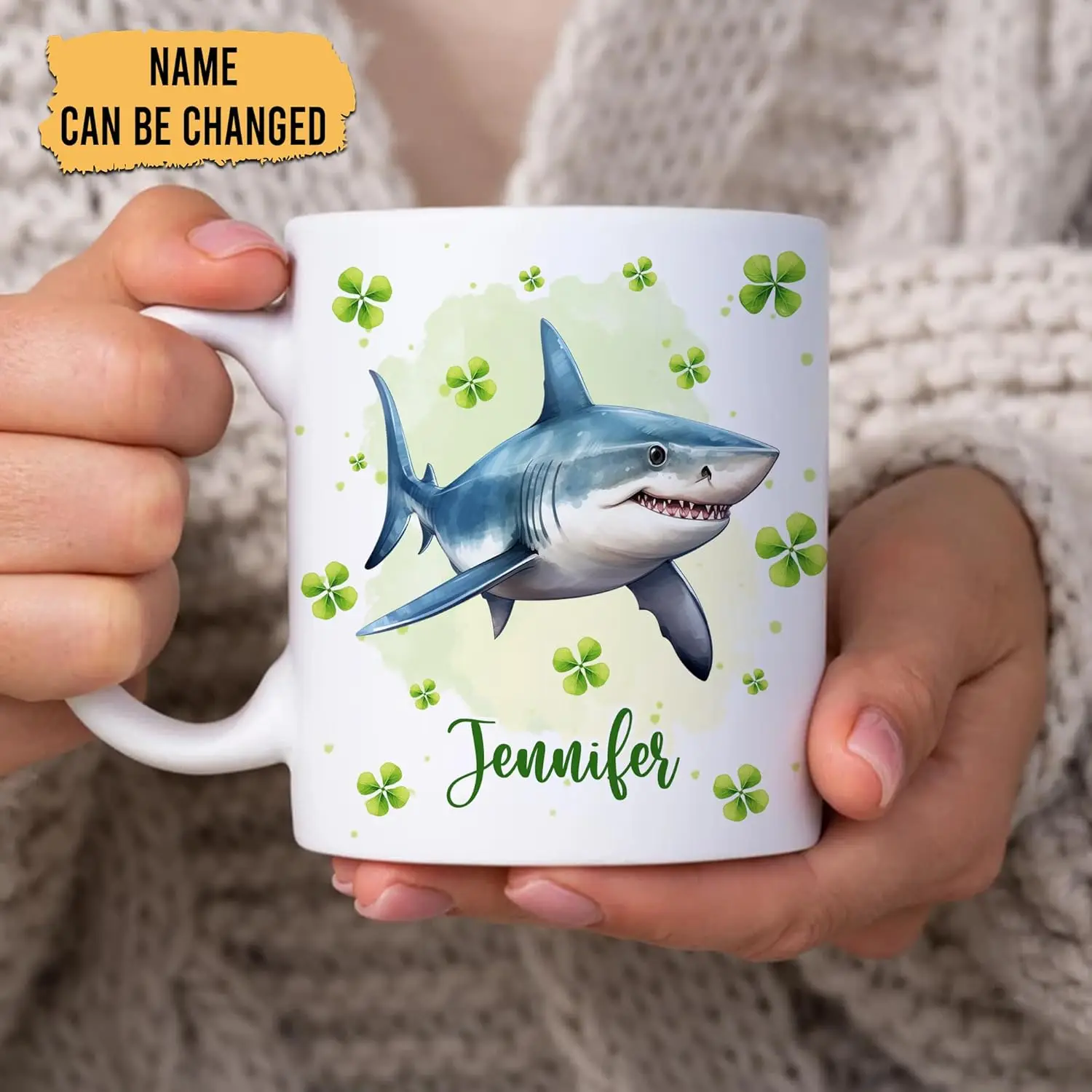

Personalized Gifts Shark Lover-With Lucky Four Leaf Clover Custom Ceramic Coffee Mug Cup 11oz Girl On Birthday, St Patricks Day