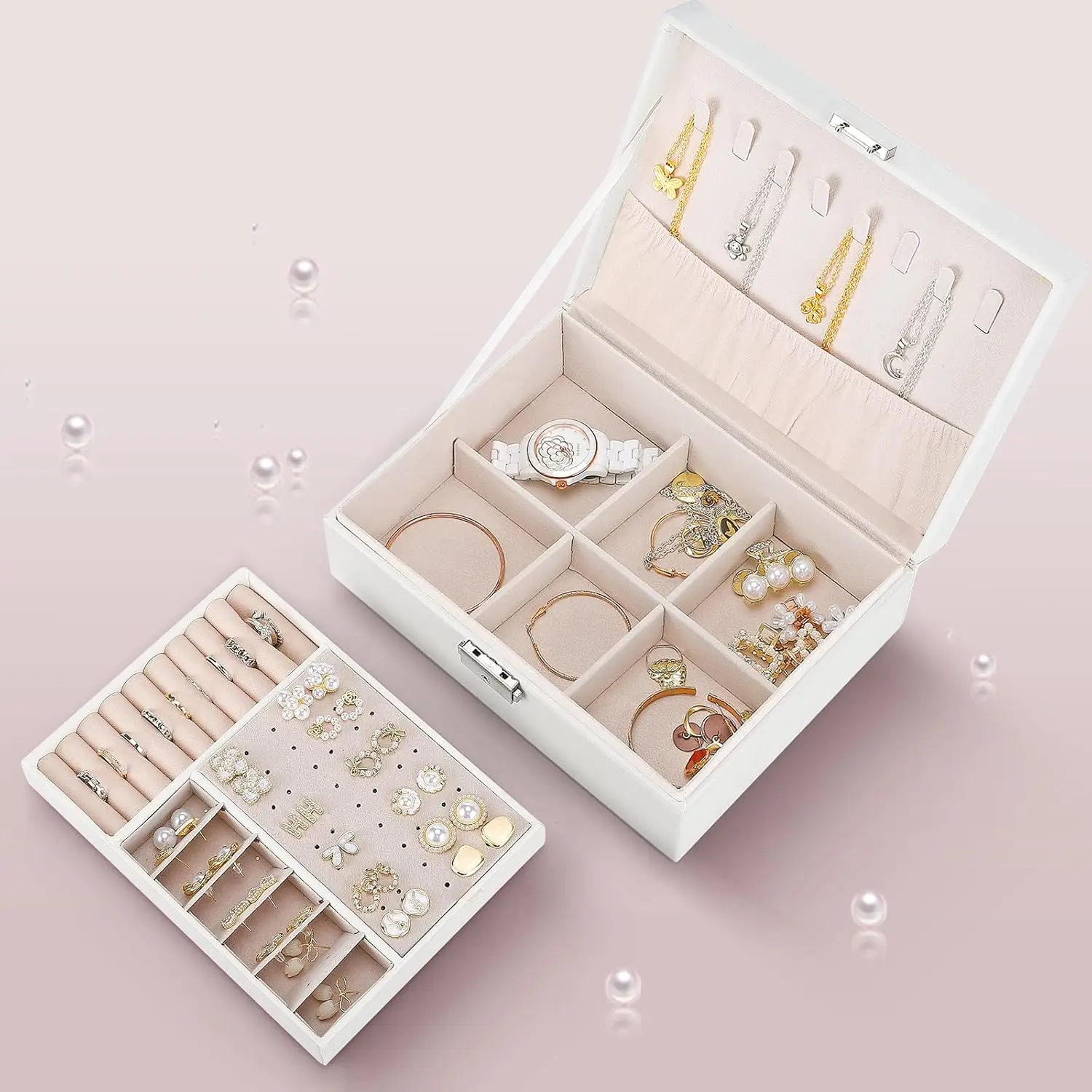 White 2-Layer Jewelry Box Organizer Tray for Earrings, Bracelets, Rings, Watches (10.4 x 7.7 x 3.9 Inches)