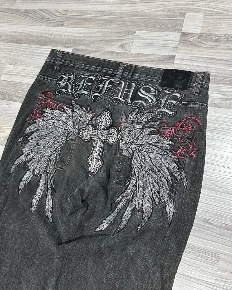 Calça jeans retrô azul larga masculina e feminina, roupa de rua, harajuku, calça hip hop, bordada asa, cintura alta, calça larga, nova, Y2K