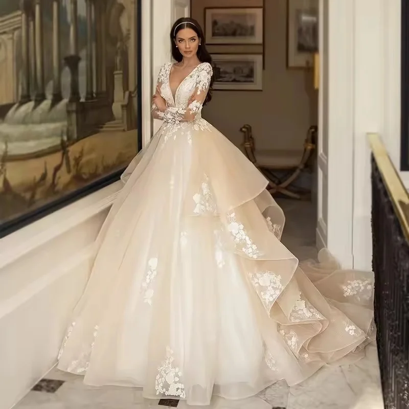 

Deep V Long Sleeve Lace Wedding Dress Scattered 3D Floral Appliques High Waist Layered Ruffle Tulle Skirt Customizable