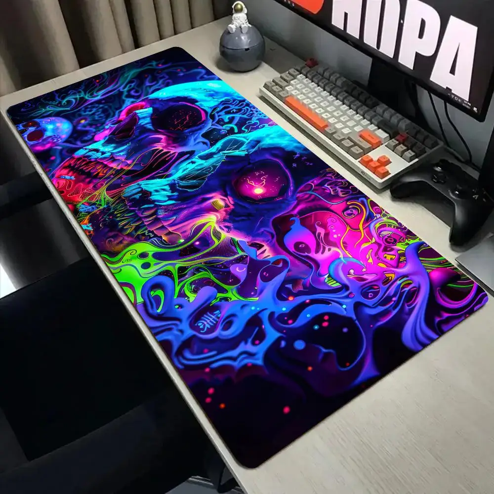 

Игровой коврик для мыши Cyber Neon Skull с прошитыми краями, нескользящий, аксессуар для ПК, коврик для клавиатуры, коврик для стола, мауспад
