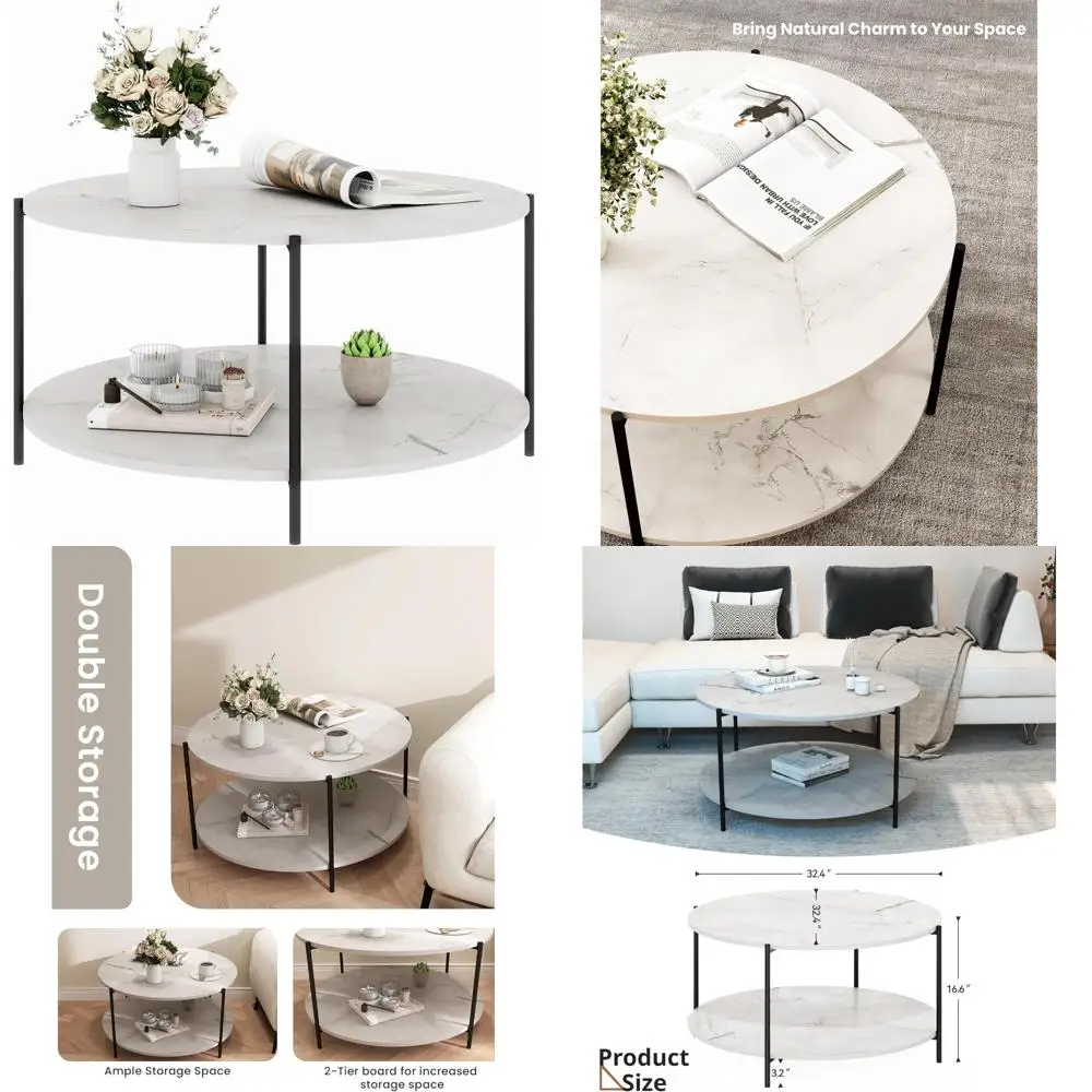 

2-Tier Wooden Round Coffee Table with Storage Shelf for Living Room and Bedroom, Small Marble Style
