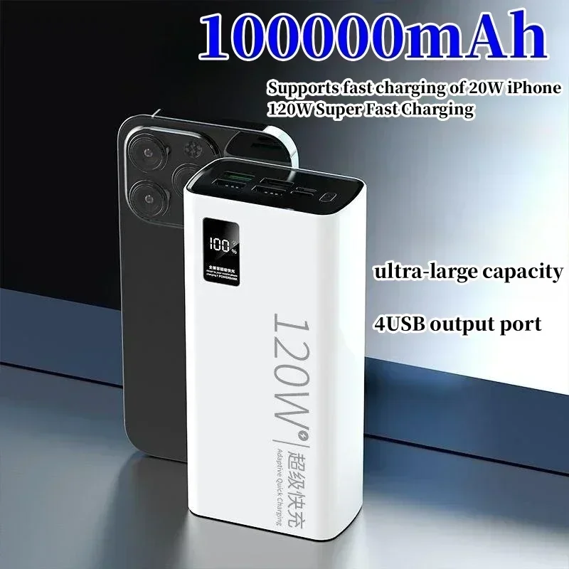 120W super fast charging 100000mAh, 100% sufficient capacity, mobile power bank suitable for Apple, Samsung, Huawei, etc