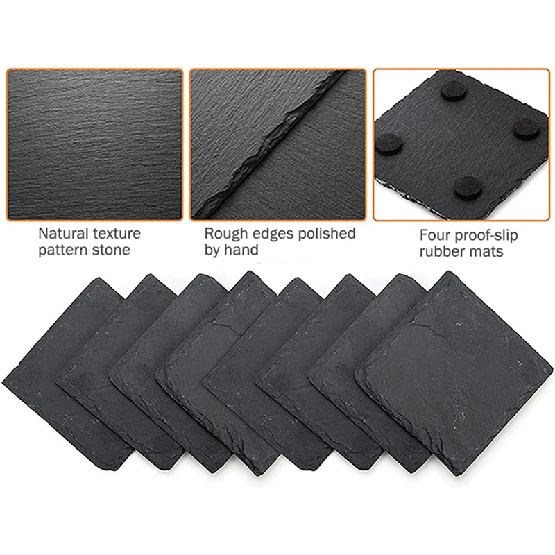 8pcs Engraving Blank Square Slate Stone Coasters 4in Black Drinks Coasters with Bottom and Holder Wedding Anniversary Party Gift