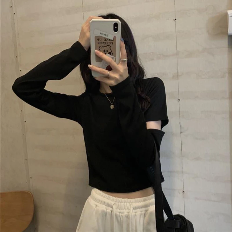 Long Sleeve T-shirts Women Loose Hotsweet Hollow Out Crop Tops Students Fashion Simple All-match Spring Casual Korean Style Ins