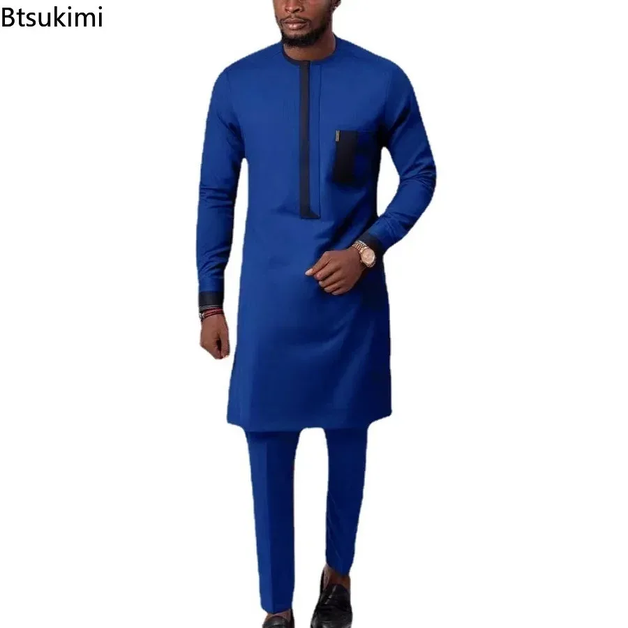 2025 Men's Muslim Sets Fashion O-neck Long Sleeve Shirt and Pants Two Pieces Traditional Africa Clothing Male Simple Casual Suit