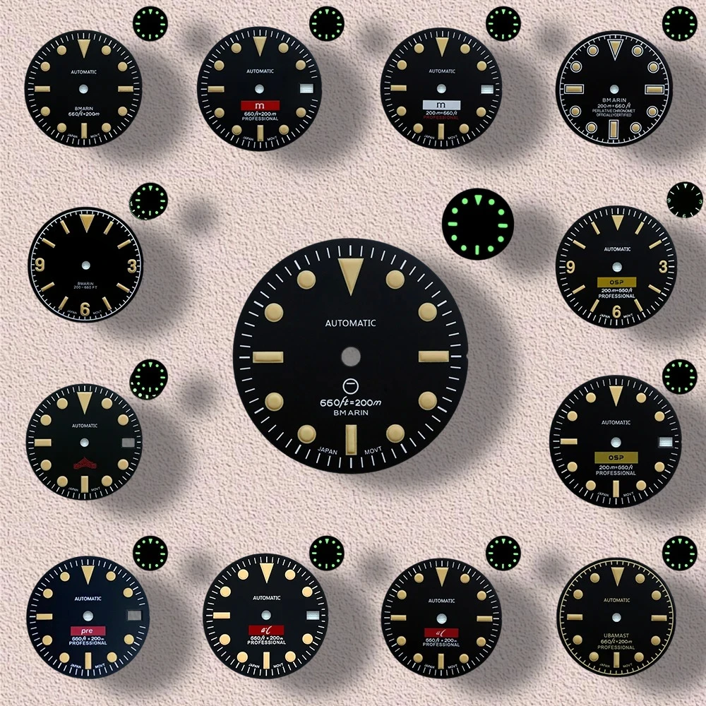 

28.5mm Retro SUB Dial S Logo NH35 Dial Fit 3/3.8/4.2 O'clock Crown Green Luminous Watches Accessories For NH35/NH36 Movement