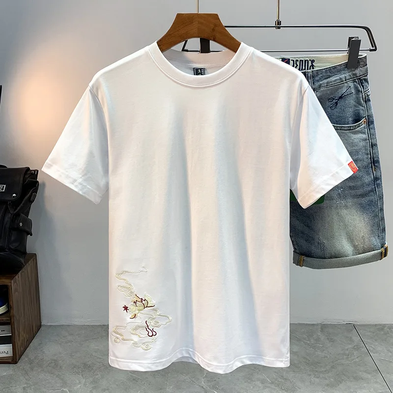 Chinese style high quality phoenix embroidery short sleeve T-shirt MEN'S trendy summer slim fit stretch casual fashion MEN'S top