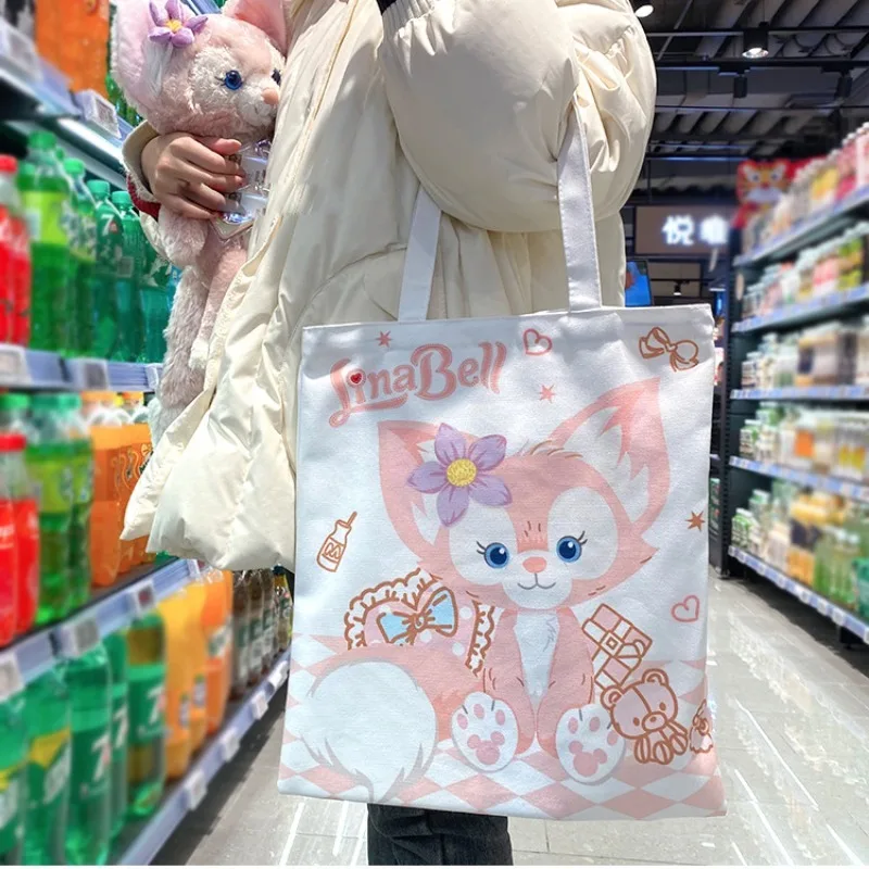 Disney Kawaii LinaBell Women Cartoon Shoulder Bag Portable Large Capacity Girls Travel Tote Bag Cute Canvas Shopping Bag Gift