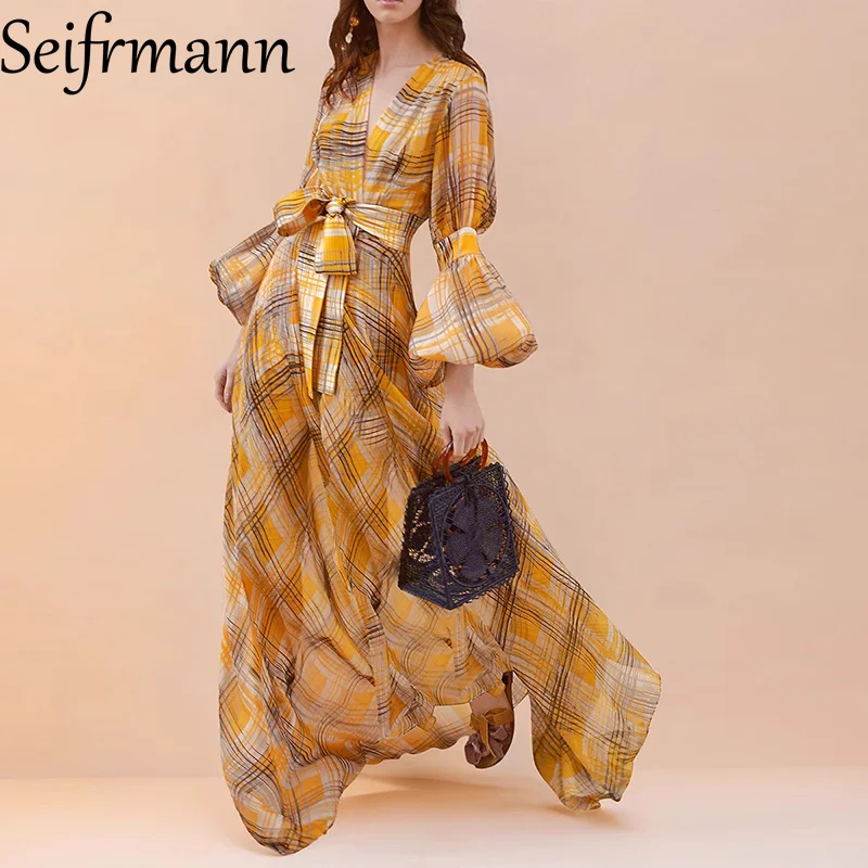 

Seifrmann Women's Elegant Party Prom Dress V-Neck Long-Sleeved Lace-Up Bow High waist Vintage Print Loose Maxi Dresses